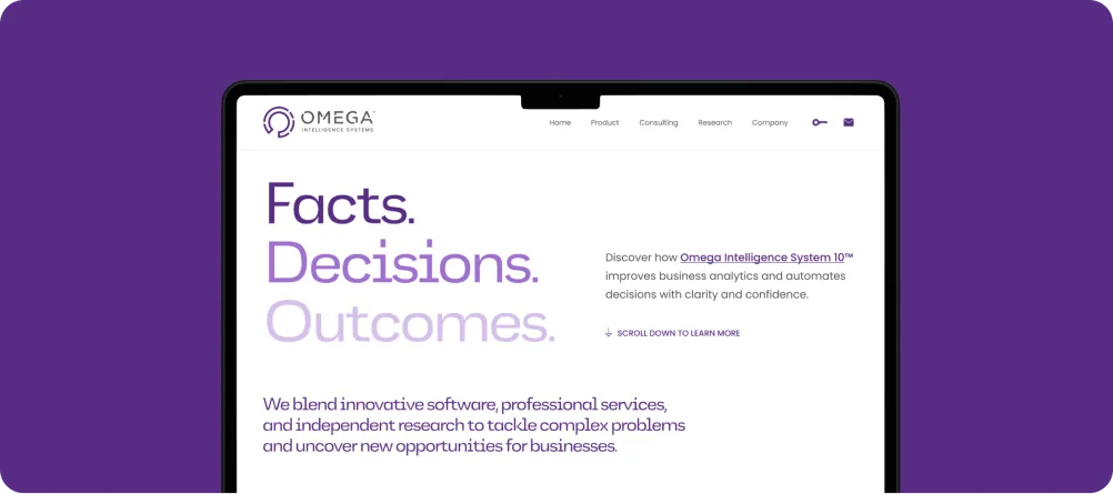 Omega Intelligence Systems website on a laptop