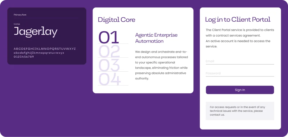Omega components: Jagerlay type specimen, Digital Core list and client portal sign-in