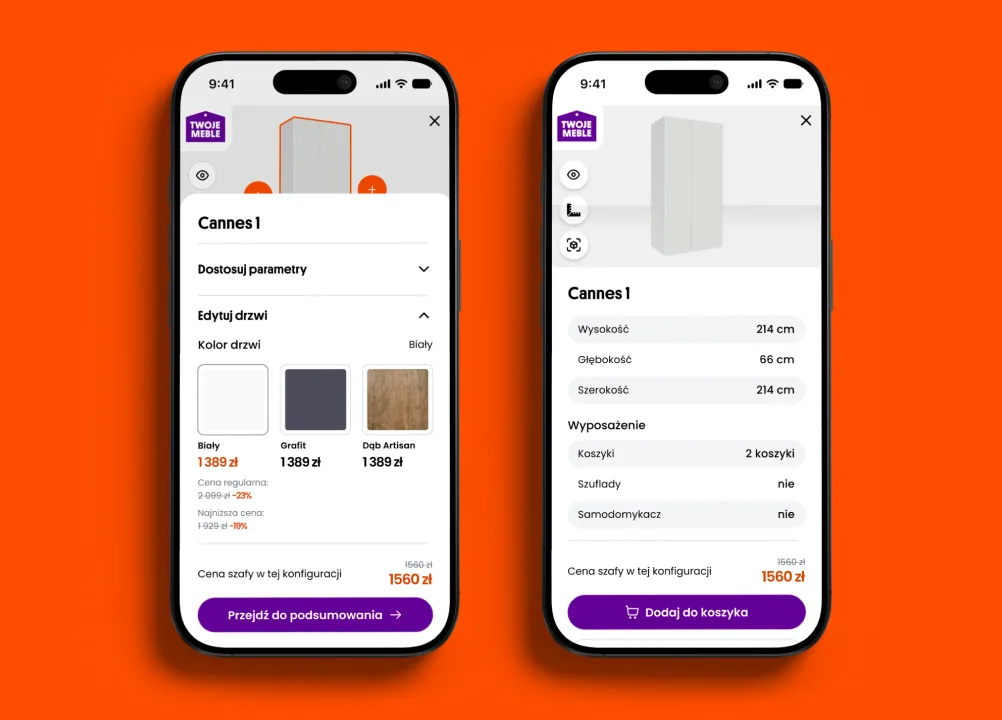 Configurator screens: door colour options and the configuration summary with add to cart