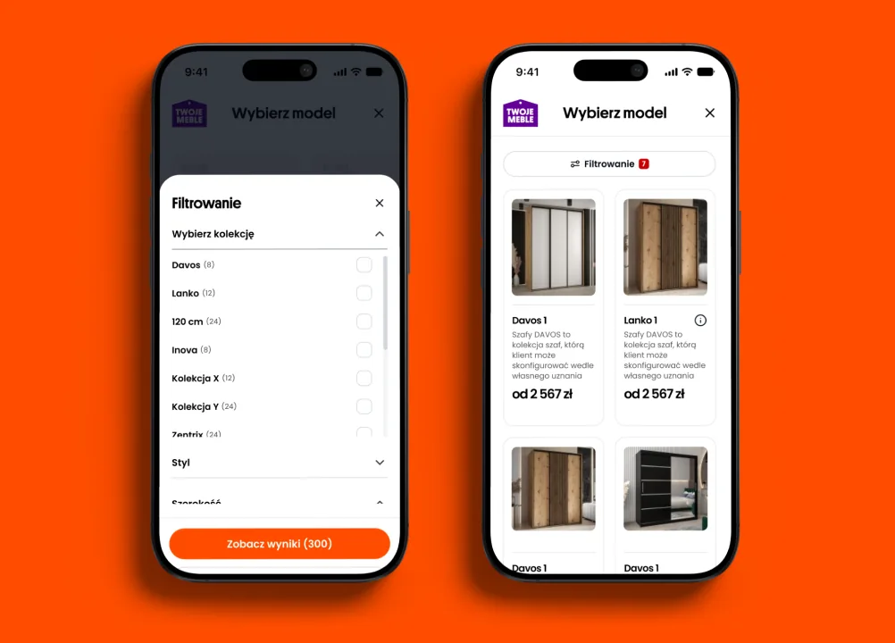 Configurator screens: filtering panel and wardrobe model list